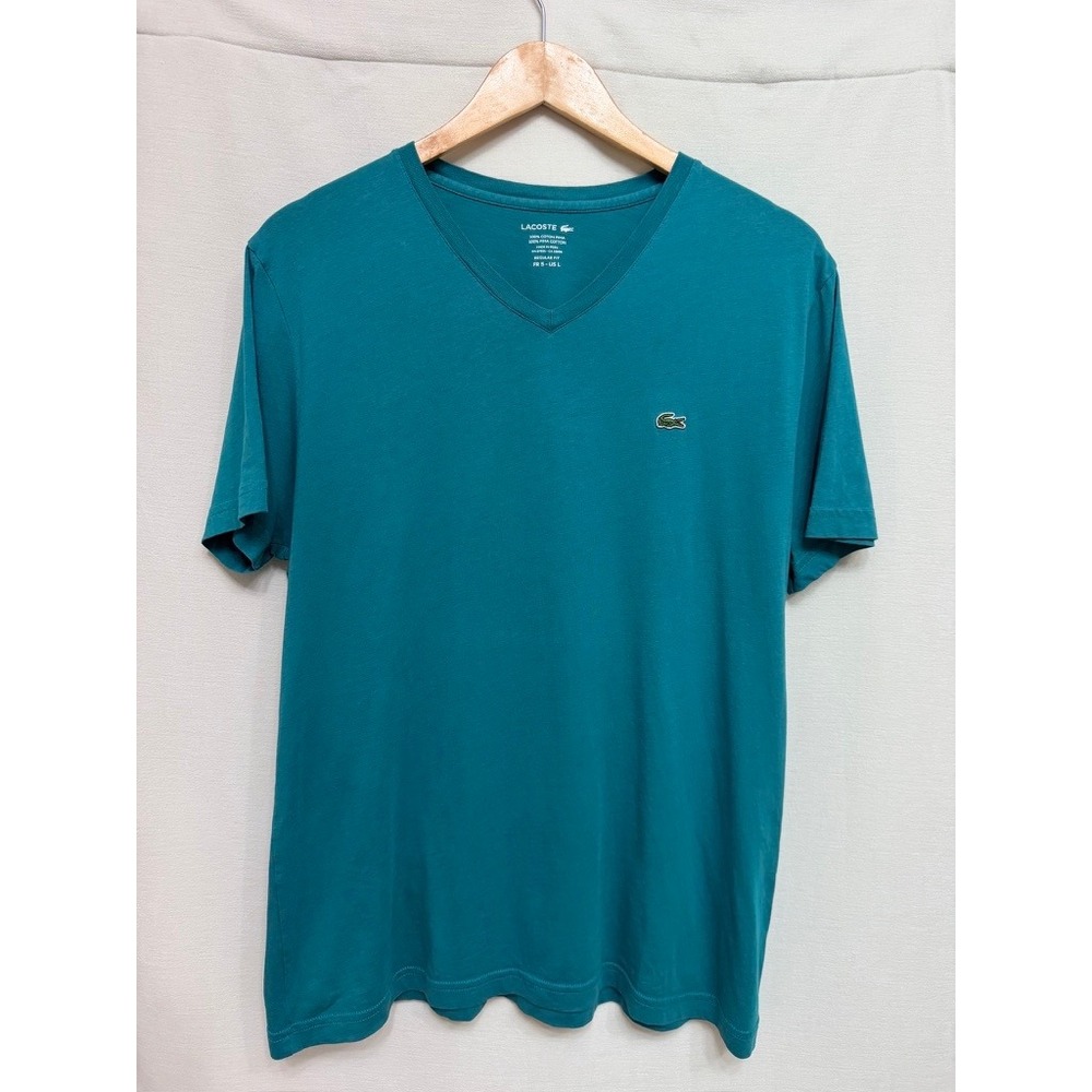 Lacoste Men's T-Shirt Teal Pima Cotton V-Neck Regular Fit Casual Preppy Logo L